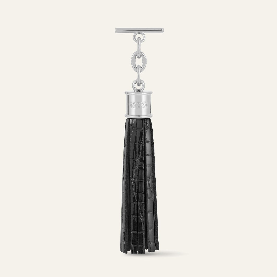 Black Patent Croc Capsule Tassel - Textured with Silver hardware front 1 | B27-S