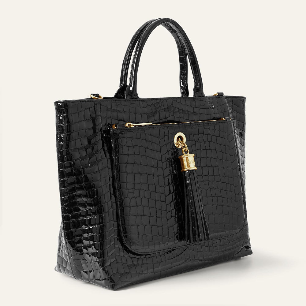 Black Patent Croc Dahlia 2-in-1 Tote - Patent with Gold hardware side open| B27-G