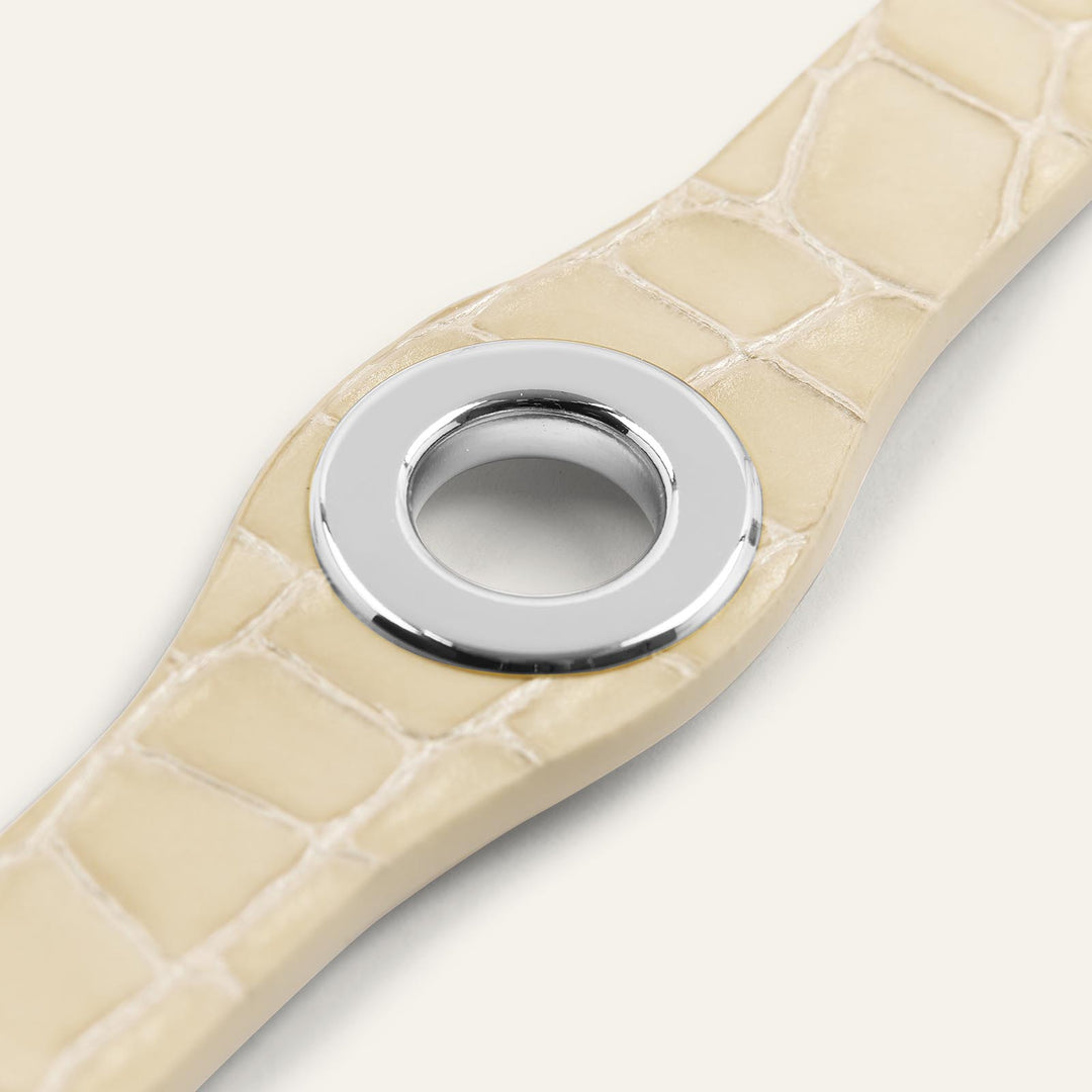 Cream Patent Croc Sarah Haran Deco Strip Textured Popper with Silver hardware detail | C13-S