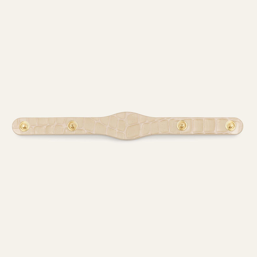 Cream Patent Croc Sarah Haran Deco strip Logo Textured Stud with Gold hardware back | C13-G