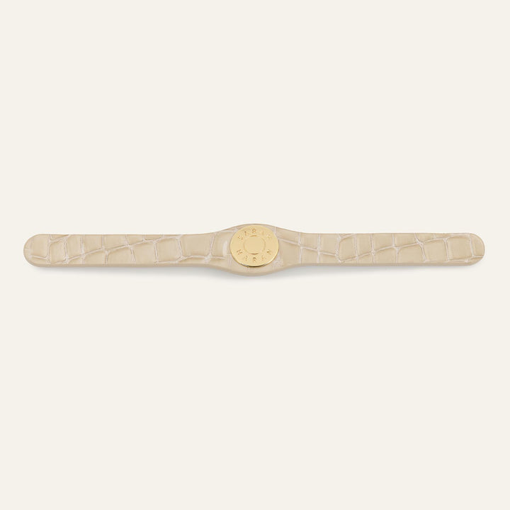 Cream Patent Croc Sarah Haran Deco strip Logo Textured Stud with Silver hardware front | C13-G