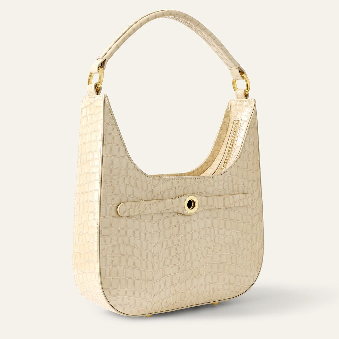 Cream Patent Croc Florence Hobo Bag - Patent with Gold hardware side | C13-G