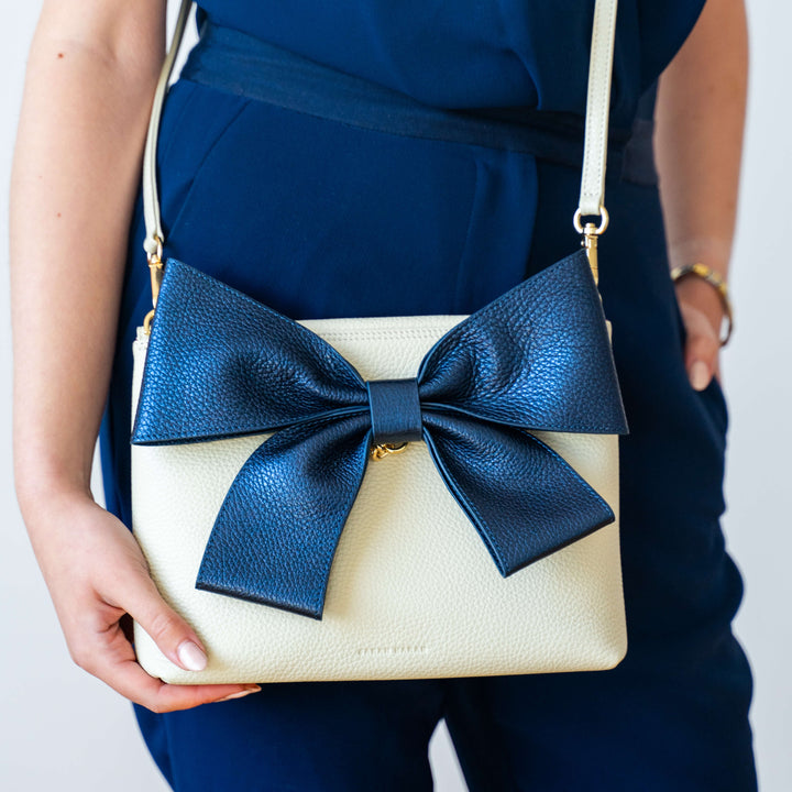 Metallic Navy Sarah Haran Deco Bow Textured with Gold hardware model | U38-G