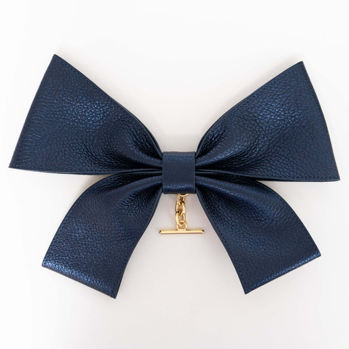 Metallic Navy Sarah Haran Deco Bow Textured with Gold hardware back | U38-G