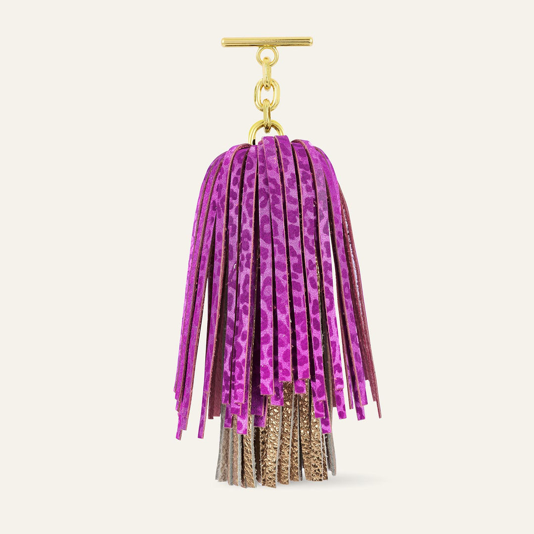 Hot Pink Leopard Metallic Gold Shimmer Sarah Haran Double Pompom Tassel Textured with Gold hardware front 1 | P75-G