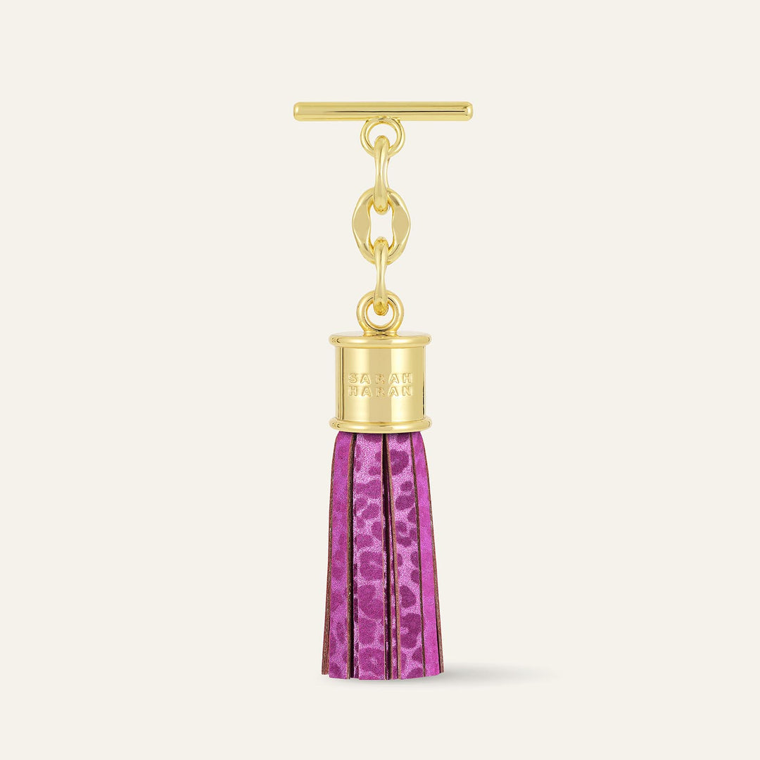 Hot Pink Leopard Sarah Haran Capsule Tassel Mini Textured with Gold hardware front | P70-G