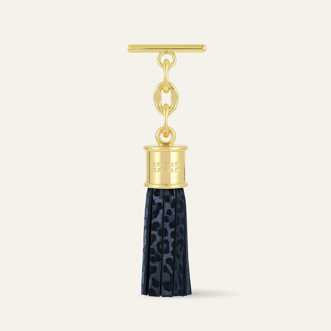 Navy Leopard Sarah Haran Capsule Tassel Mini Textured with Gold hardware front | U57-G