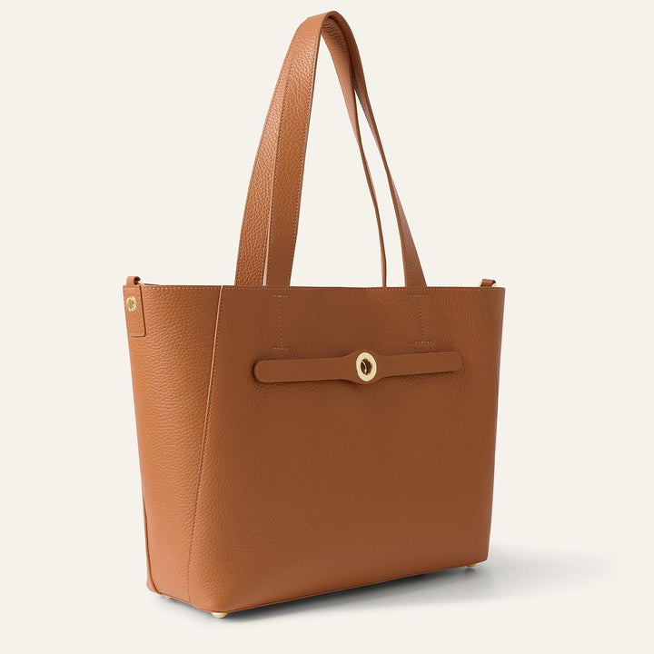 Tan Sarah Tote with Gold Hardware side open | N04-G