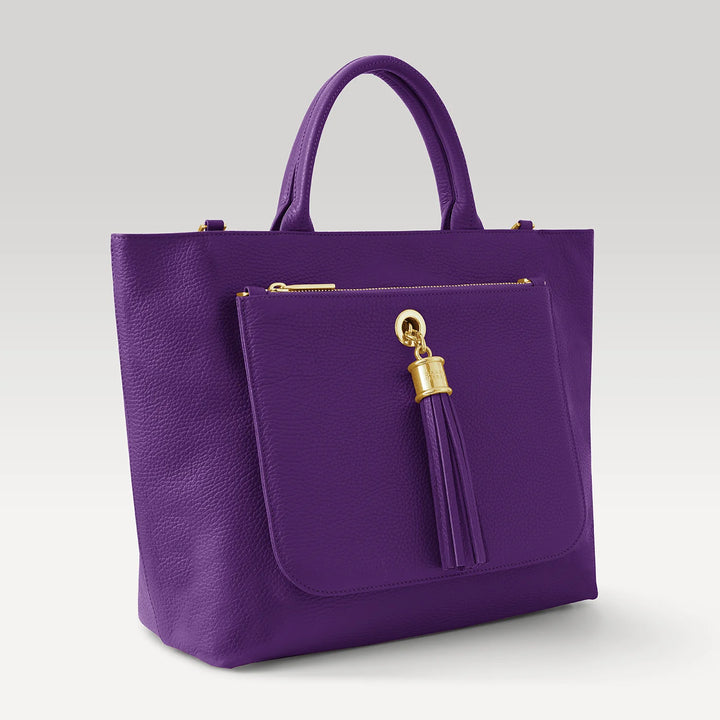 Amethyst Dahlia 2-in-1 Tote with Gold hardware side open| RO6-G