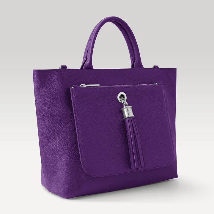 Amethyst Dahlia 2-in-1 Tote with Silver hardware side open| RO6-S