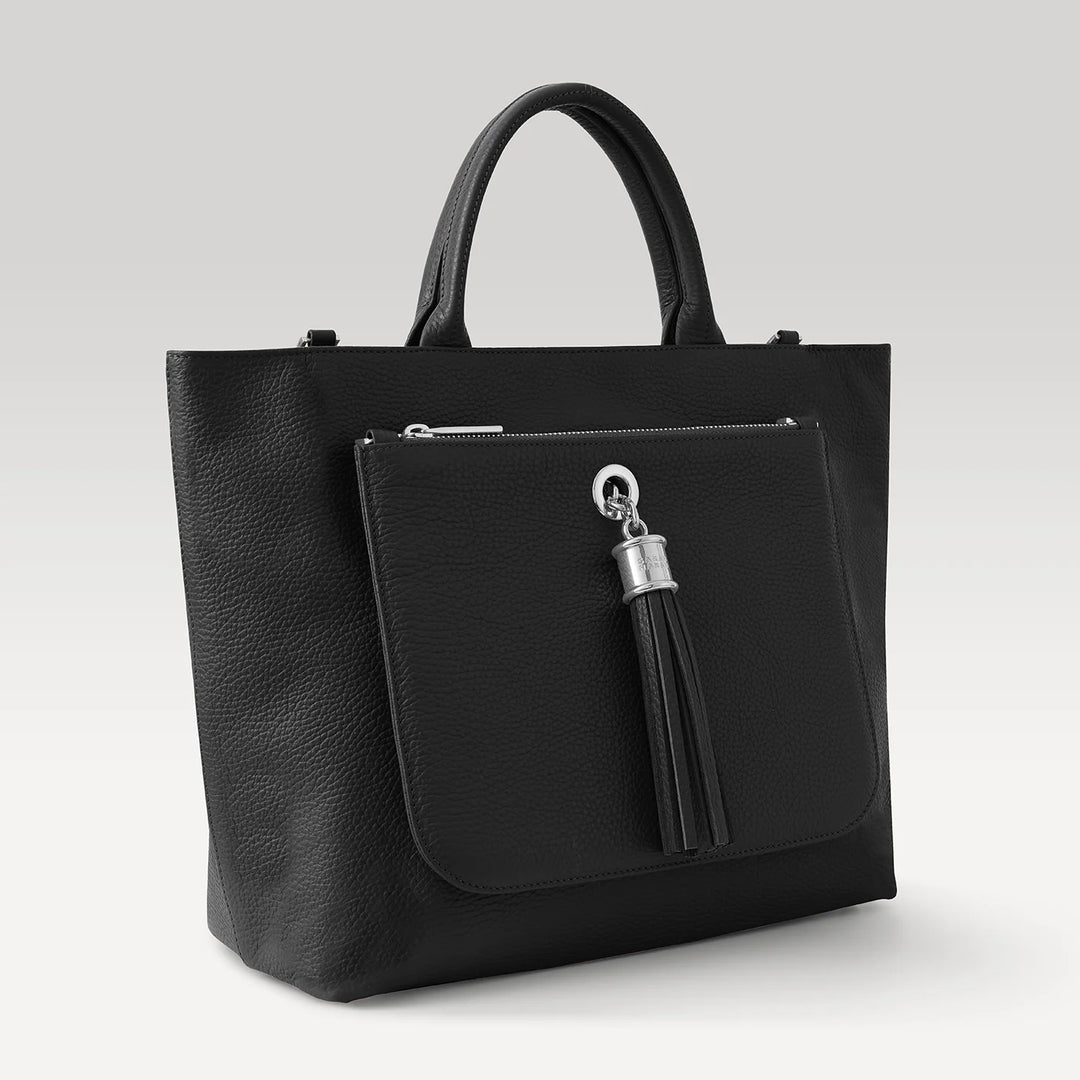 Black Dahlia 2-in-1 Tote with Silver hardware side open| B01-S