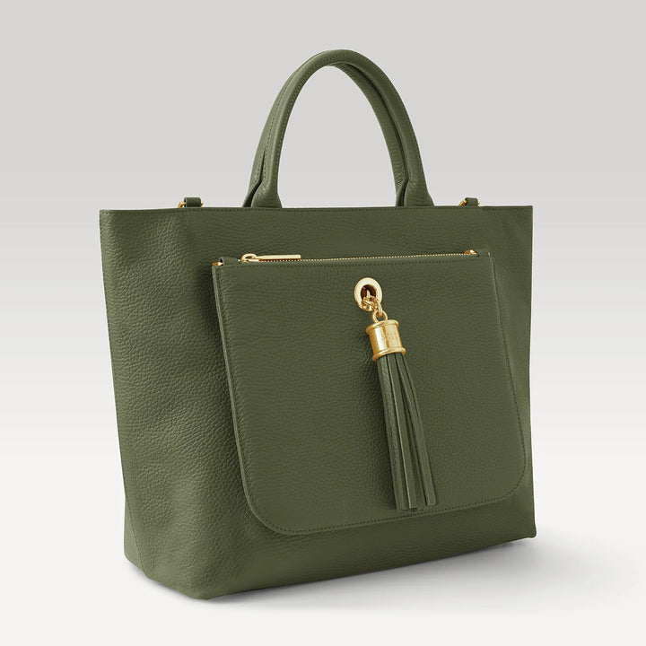 Olive Dahlia 2-in-1 Tote with Gold hardware side open| G11-G