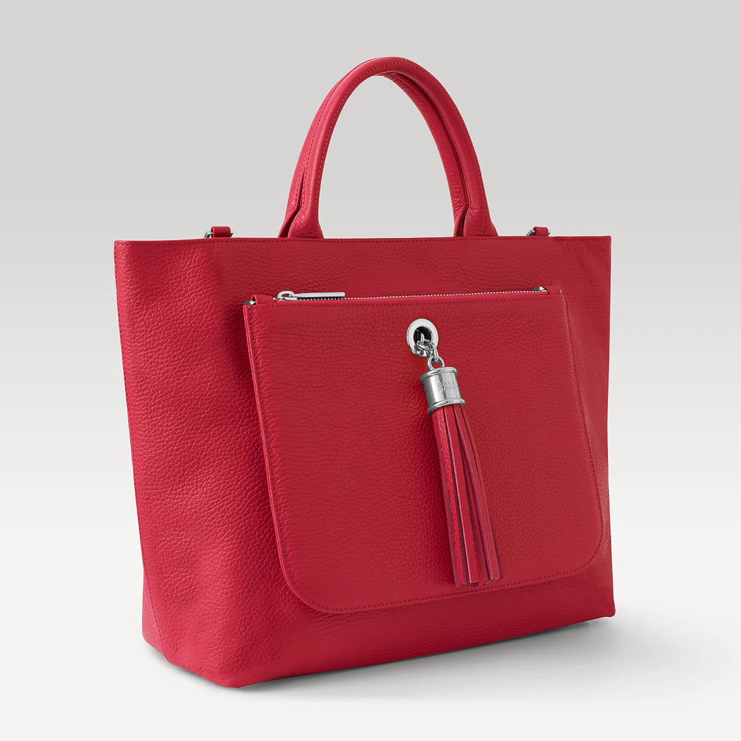 Pillarbox Red Dahlia 2-in-1 Tote with Silver hardware side| R01-S