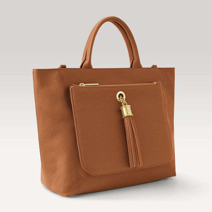 Tan Dahlia 2-in-1 Tote with Gold hardware side open| N04-G