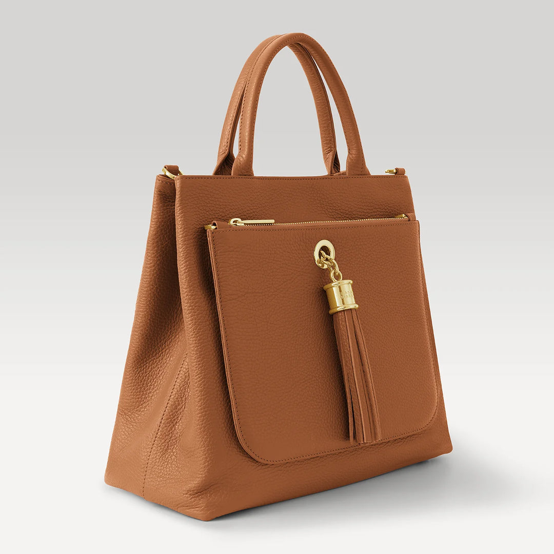 Tan Dahlia 2-in-1 Tote with Gold hardware side| N04-G