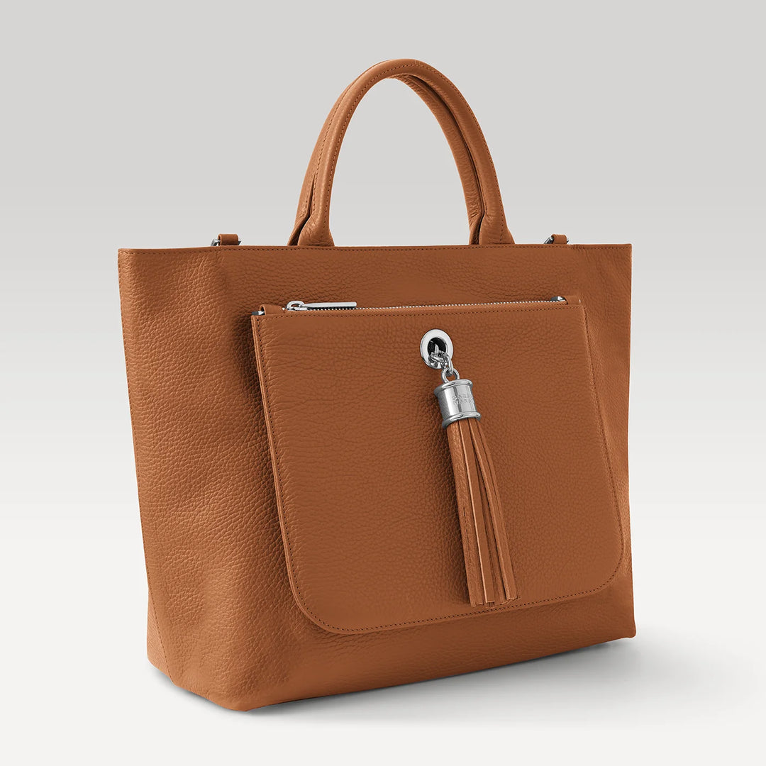 Tan Dahlia 2-in-1 Tote with Silver hardware side| N04-S